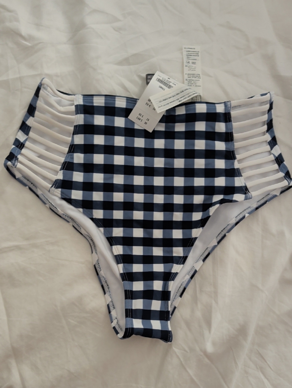 NWT Abercrombie & Fitch Blue and White Gingham Cheeky Bikini Bottoms Size S